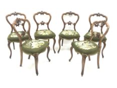 Set six Victorian walnut dining chairs, carved and shaped cresting and back rail,