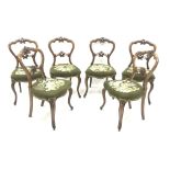 Set six Victorian walnut dining chairs, carved and shaped cresting and back rail,