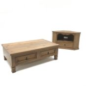 Pine coffee table, four drawers (W120cm, H41cm, D76cm) and matching corner television stand,