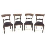 Four 19th century mahogany dining chairs, carved bar back, upholstered drop in seat,