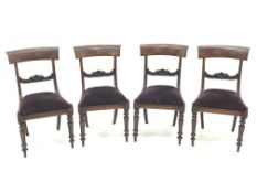 Four 19th century mahogany dining chairs, carved bar back, upholstered drop in seat,