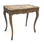 Louis VX style walnut writing table, inset leather top, shaped brass surround, single drawer,