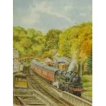Glyn Hutchins (British 20th century): Steam Train Passing Through Goathland Station,