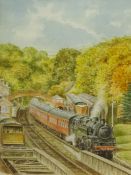 Glyn Hutchins (British 20th century): Steam Train Passing Through Goathland Station,