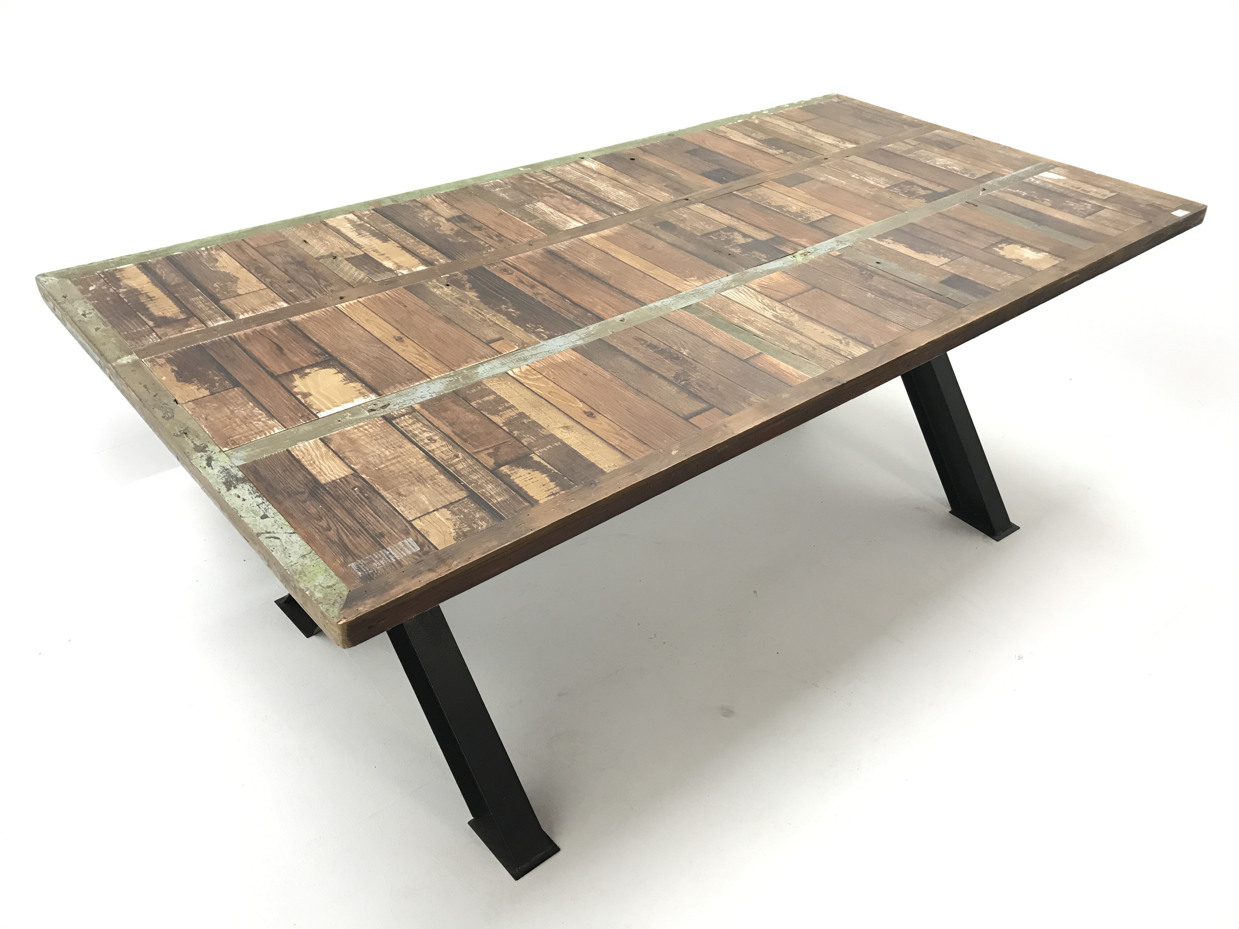 Rectangular rustic planked effect dining table, 'X' metal supports (200cm x 100cm, - Image 3 of 3