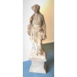 Hand carved stone classical female figure carrying grapes on plinth base, W45cm, H165cm,
