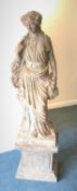 Hand carved stone classical female figure carrying grapes on plinth base, W45cm, H165cm,