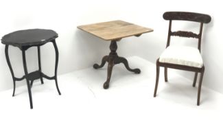 19th century mahogany pedestal table, square top, turned column on three supports (W70cm, H64cm,