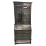 Early 20th century oak bureau bookcase, two glazed doors,