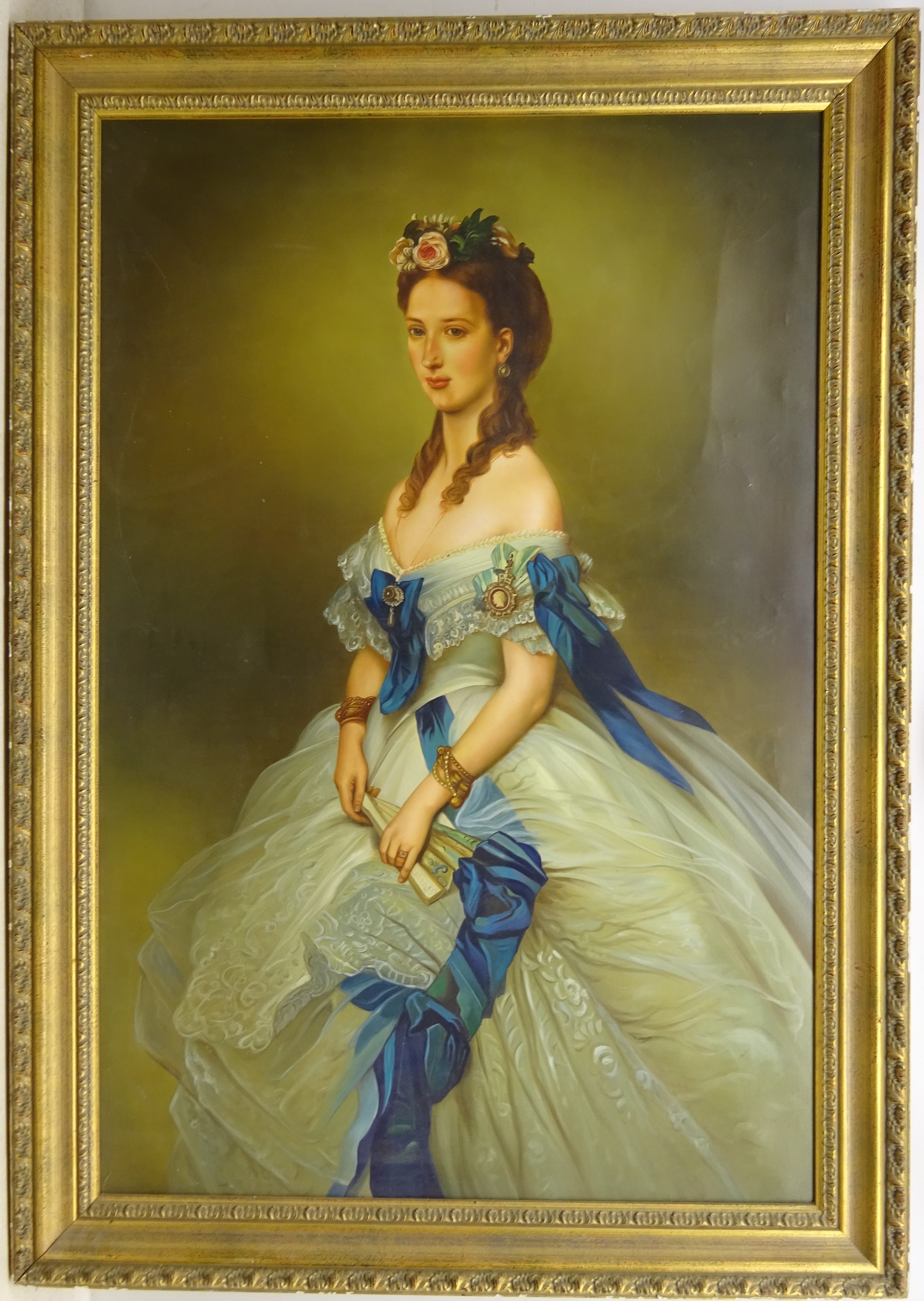 English School (20th century): Portrait of a Victorian Lady in a Ivory Silk Dress with a Blue Sash - Image 2 of 2