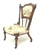 Victorian mahogany framed bedroom chair, shaped cresting rail with finials,
