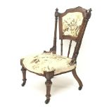 Victorian mahogany framed bedroom chair, shaped cresting rail with finials,