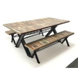Rectangular rustic planked effect dining table, 'X' metal supports (200cm x 100cm,
