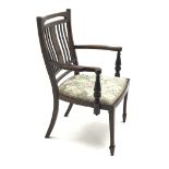 Edwardian inlaid mahogany open armchair, upholstered seat, square tapering supports on spade feet,
