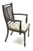 Edwardian inlaid mahogany open armchair, upholstered seat, square tapering supports on spade feet,