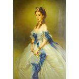 English School (20th century): Portrait of a Victorian Lady in a Ivory Silk Dress with a Blue Sash