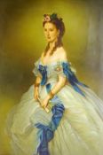 English School (20th century): Portrait of a Victorian Lady in a Ivory Silk Dress with a Blue Sash