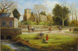 Len "Leon" Peel (British 20th century): Scalby Church with Riders Hacking in the Foreground,