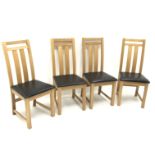 Set four solid oak dining chairs, leather upholstered seats, square supports,