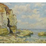Ken Johnson (British 20th century): Figures on Thornwick Bay, oil on canvas signed,