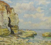 Ken Johnson (British 20th century): Figures on Thornwick Bay, oil on canvas signed,