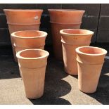 Two sets three graduating terracotta long tom frost proof garden pots, D51cm,