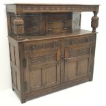 Early 20th century oak court cupboard, moulded top, cup and cover carved supports,