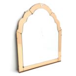 Art Deco style arched top overmantle mirror with peach glass surround and cut decoration H92cm