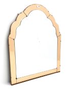 Art Deco style arched top overmantle mirror with peach glass surround and cut decoration H92cm
