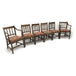 Set six (4+2) mahogany framed Georgian dining chairs, upholstered drop in seat,