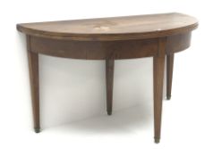 French walnut demi lune table, square tapering brass capped supports, W130cm,