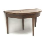 French walnut demi lune table, square tapering brass capped supports, W130cm,