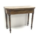 19th century mahogany side table, fold-over top, turned tapering supports, W94cm, H76cm,