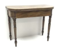 19th century mahogany side table, fold-over top, turned tapering supports, W94cm, H76cm,