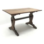 Oak rectangular stretcher table, shaped solid end supports,