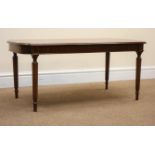 Regency style mahogany cross banded coffee table, turned tapering, reeded supports, W91cm, H41cm,