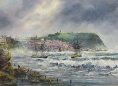 Robert Sheader (British 20th century): Sailing Vessels in Distress off Scarborough,