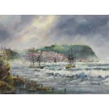 Robert Sheader (British 20th century): Sailing Vessels in Distress off Scarborough,