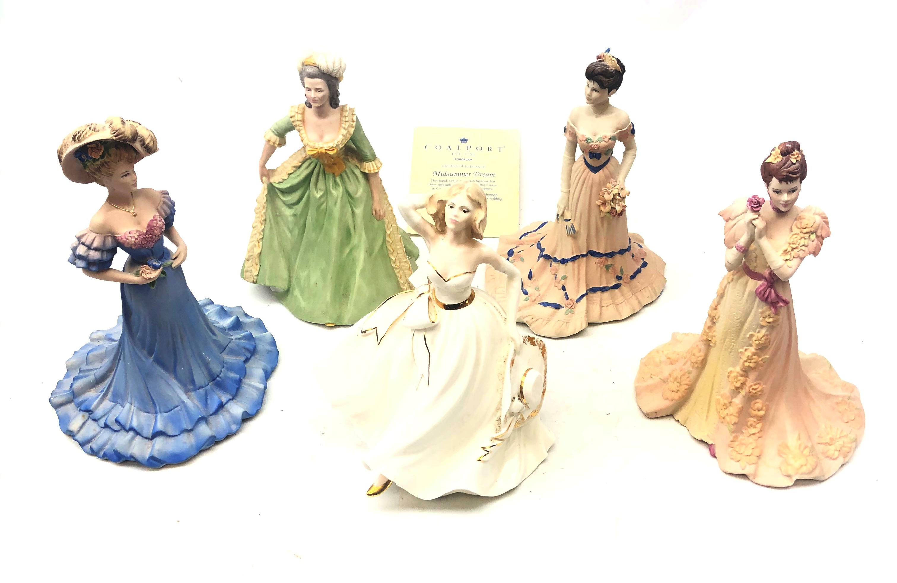 Four Coalport figures comprising Midsummer Dream (with certificate), Mandarin Crescent,