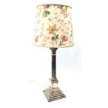 Silver-plated Corinthian column table lamp on square stepped base,