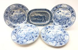 Five 19th century Wedgwood blue transfer plates decorated in the Blue Palisade pattern & matching