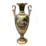 20th century Ludwigsburg two-handled vase painted with figures in a country landscape on green and
