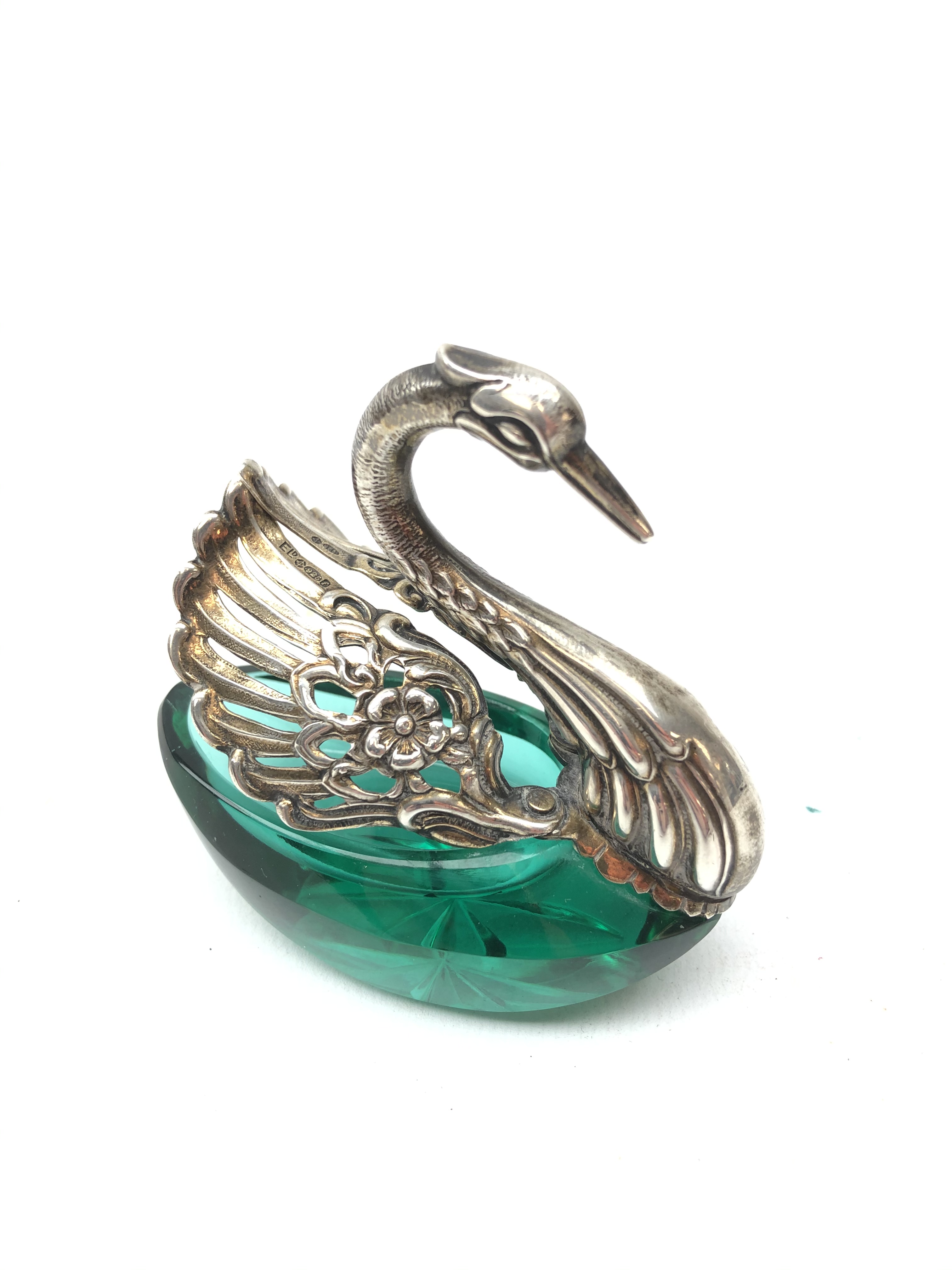 Emerald cut glass salt in the form of a Swan, silver swinging wings and neck, import marks,