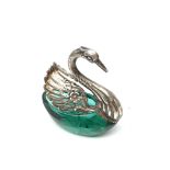 Emerald cut glass salt in the form of a Swan, silver swinging wings and neck, import marks,