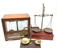 W&T Avery brass balance scale on mahogany base with single drawer,