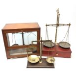 W&T Avery brass balance scale on mahogany base with single drawer,