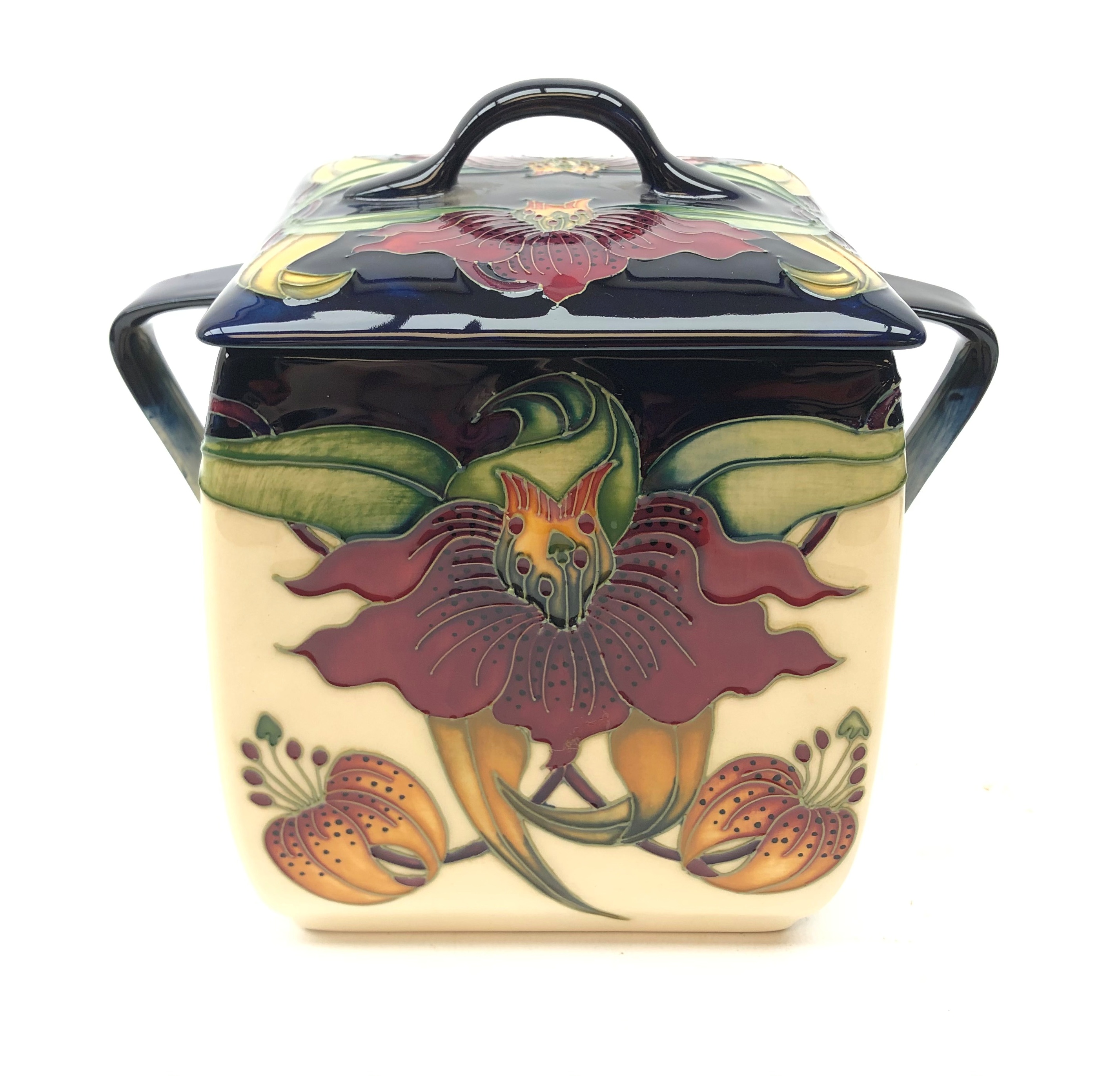 Moorcroft Anna Lily twin handled box and cover designed by Nicola Slaney,