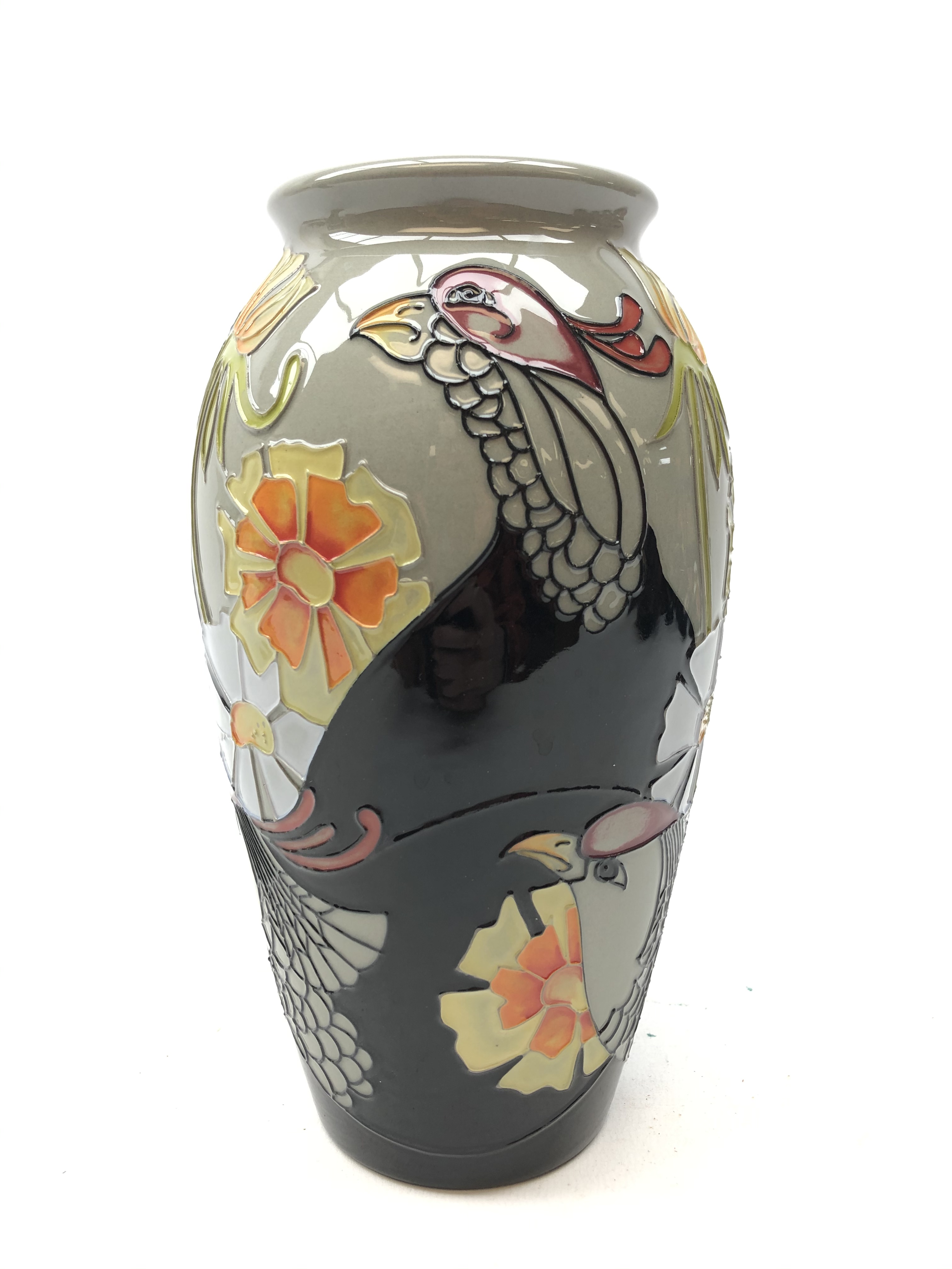 Moorcroft Courting Birds pattern vase designed by Emma Bossons,