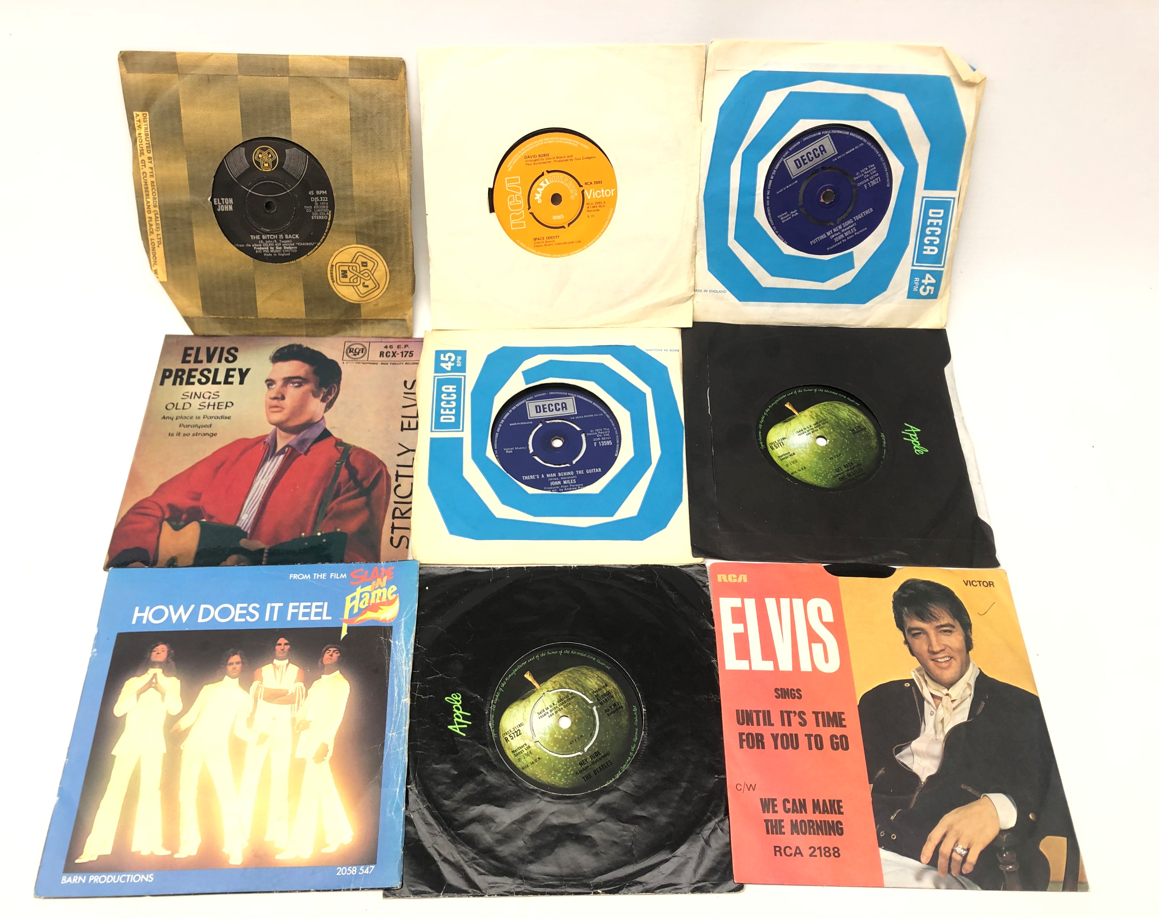 Nine 45rpm vinyl 7" singles comprising: The Beatles 'Get Back' (R 5777) & 'Hey Jude' (R 5722) with