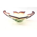 Murano style art glass centrepiece bowl of curling leaf design coloured with red,